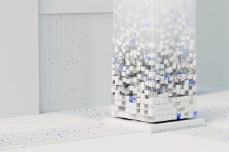 Ilustração 3D abstrata de uma rede neural artificial com conexões digitais luminosas.