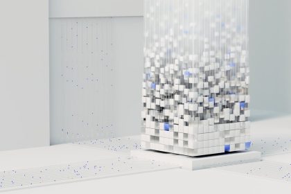 Ilustração 3D abstrata de uma rede neural artificial com conexões digitais luminosas.