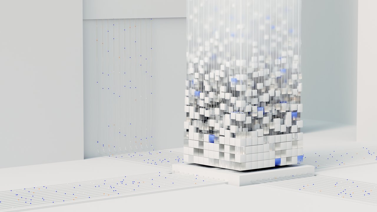 Ilustração 3D abstrata de uma rede neural artificial com conexões digitais luminosas.